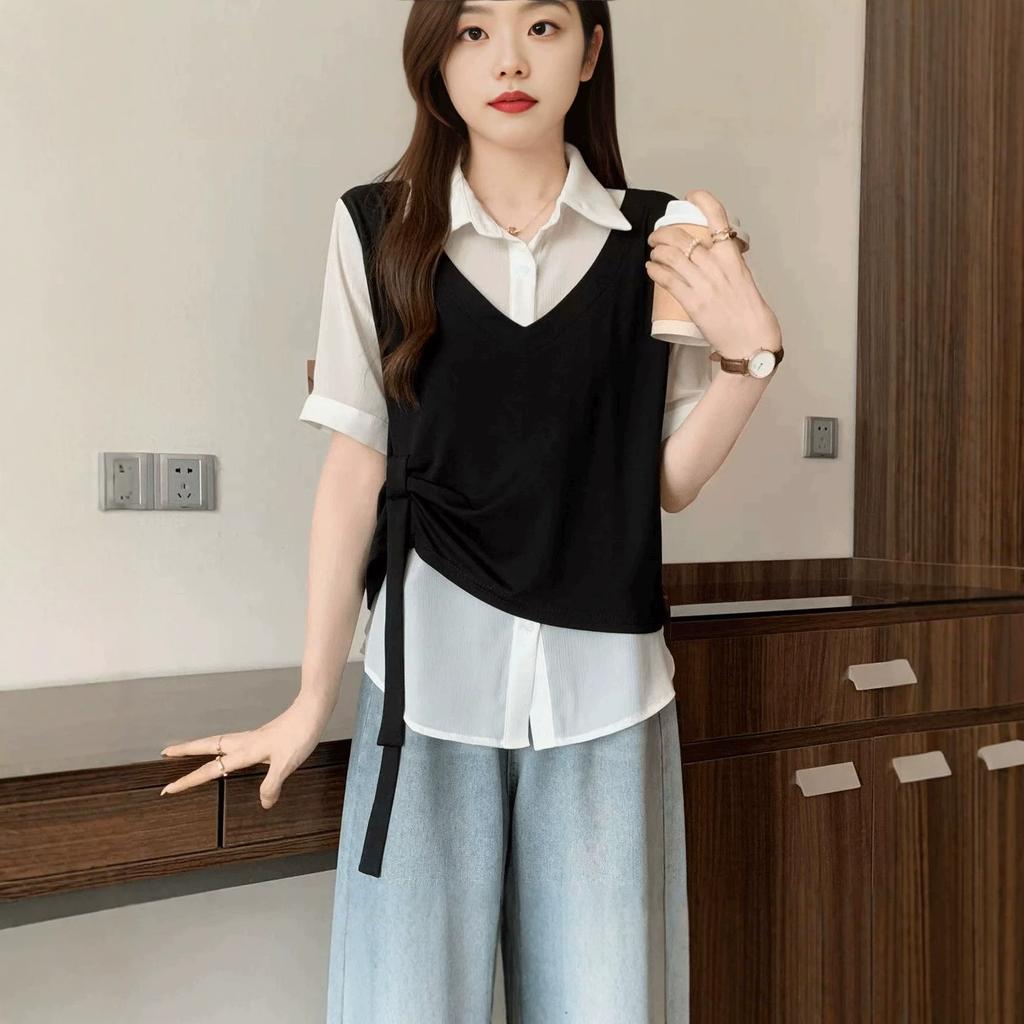 Summer new casual fake two-piece lapel splicing top versatile age-reducing thin short-sleeved contrasting shirt