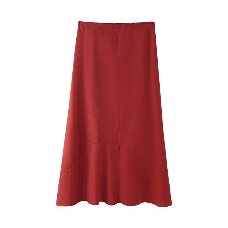 Fashion Style 2024 Fall and Winter New Women's Silk Satin Texture Blended Mid-Waist Midi Skirt Skirt 2548240