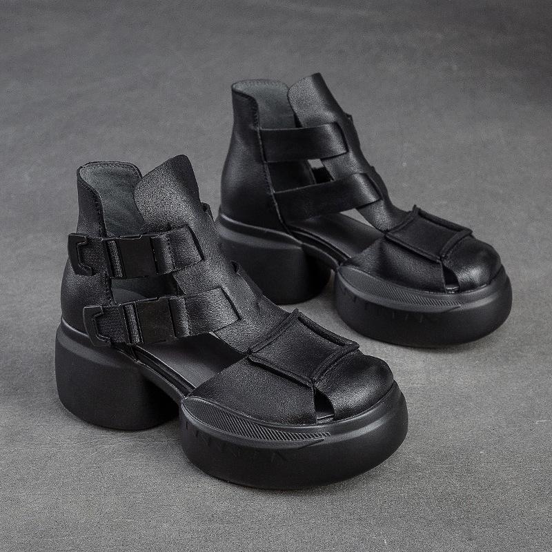 Fashion GKTINOO 2025 New Summer Black Women Genuine Leather Sandals Cool Boots Platform Shoes Wedges Sandals Women Shoes Outdoor Sandals