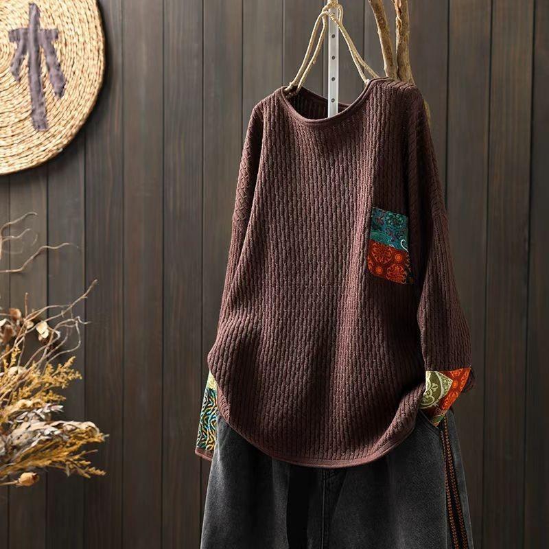 Johnature Vintage Style Patches O-Neck Casual Loose Personality Sweater Woman Winter Long Sleeves Retro Sweater