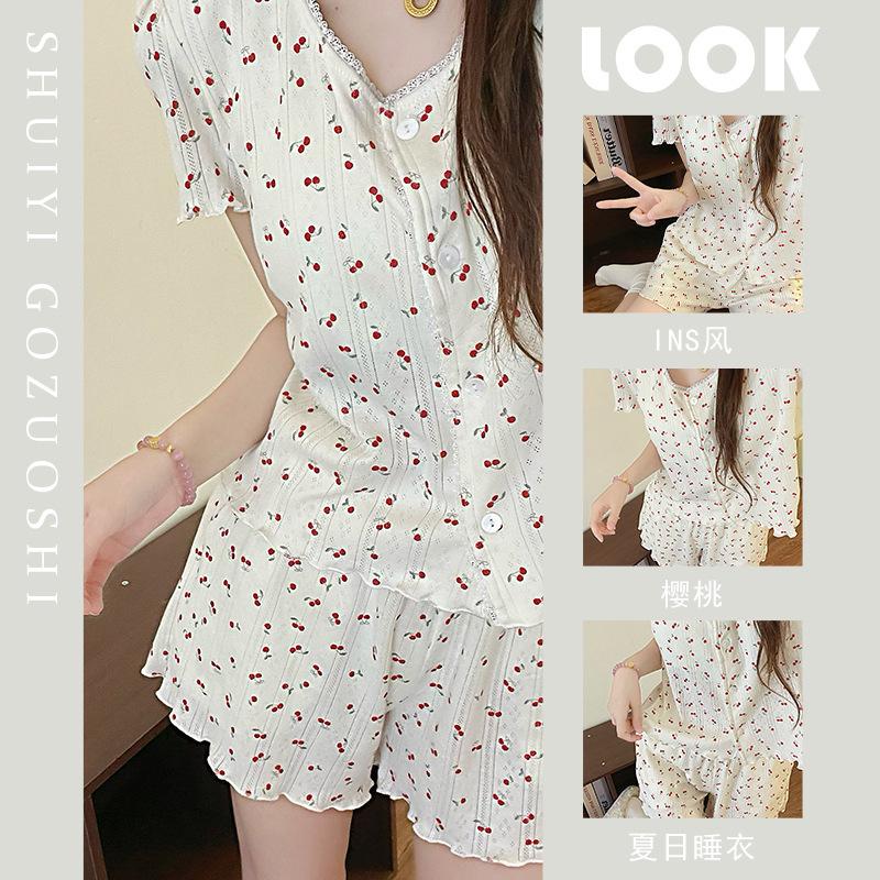 

Gentle and sweet cherry short-sleeved shorts pajamas women s summer new large-size comfortable loungewear set summer M