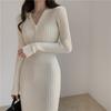 Vintage Knitted Sweater Long Sleeve Dresses Women Slim Korean Elegant Button V Neck Sweater Dress