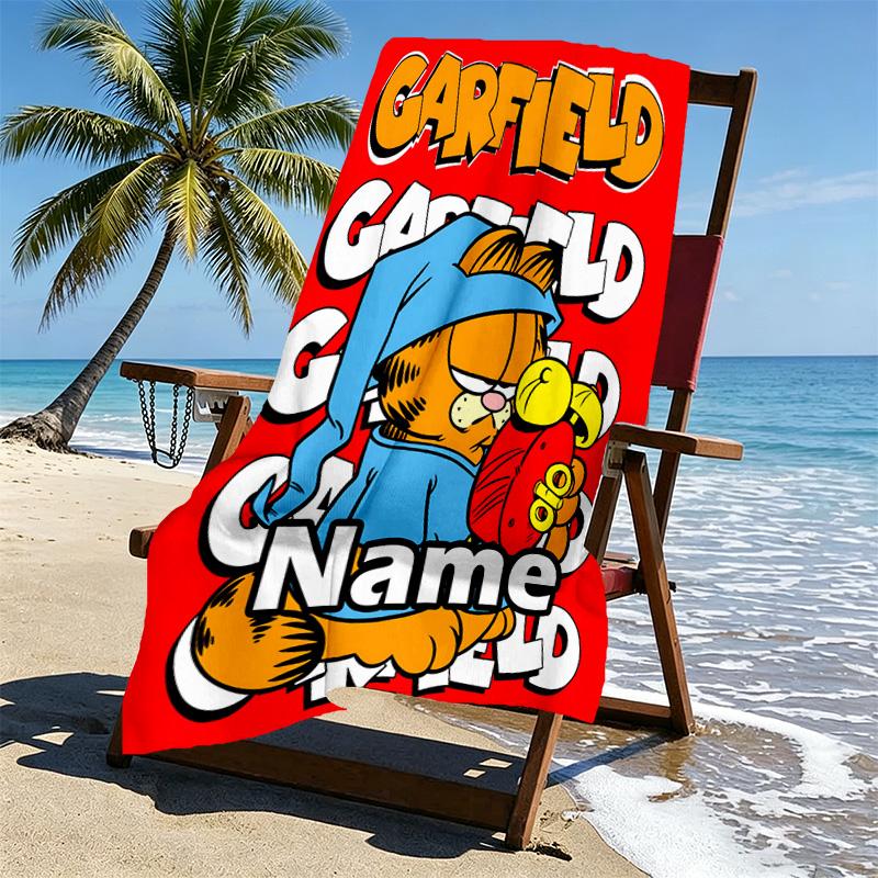 Custom Name Personalized Garfield Print Beach Towel, for Trip Camping Beach Party Home Decor, Birthday Gift for Family & Friends