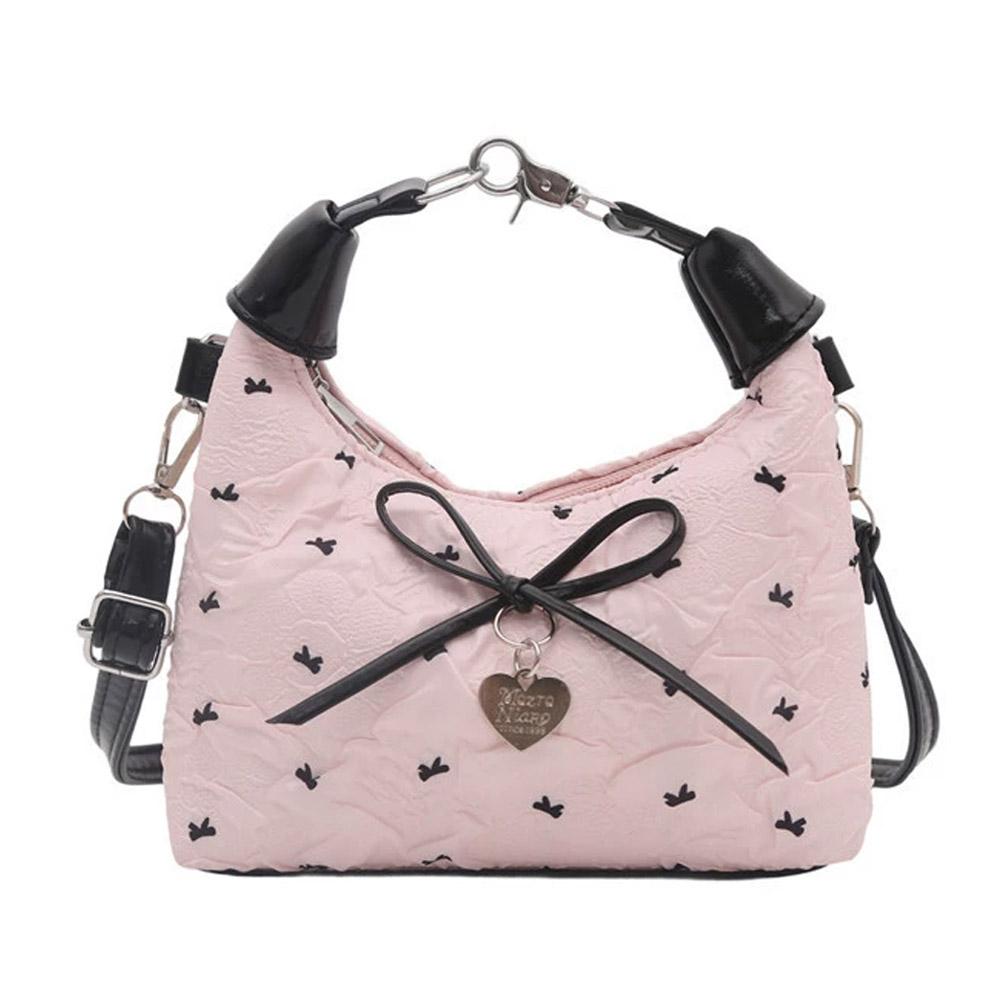 Bow Crossbody Bag for Women Sweet Fashion Print Metal Heart Pendant Hand-held Single Shoulder Bag Commute Handbag Underarm Pouch