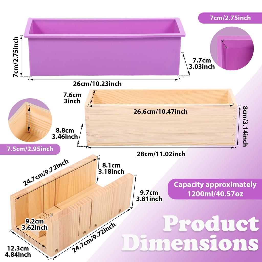 Wooden Soap Loaf Mould Set Rectangle Silicone Mould with Adjustable Wood Mold Cutter Box for DIY Soaps Making Bread Dessert