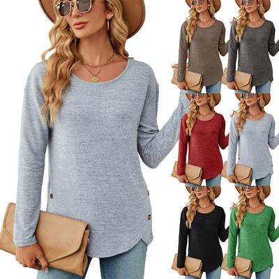 2024 European And American Autumn/Winter New Solid Color Loose Round Neck Long Sleeve Split Button T-Shirt For Women