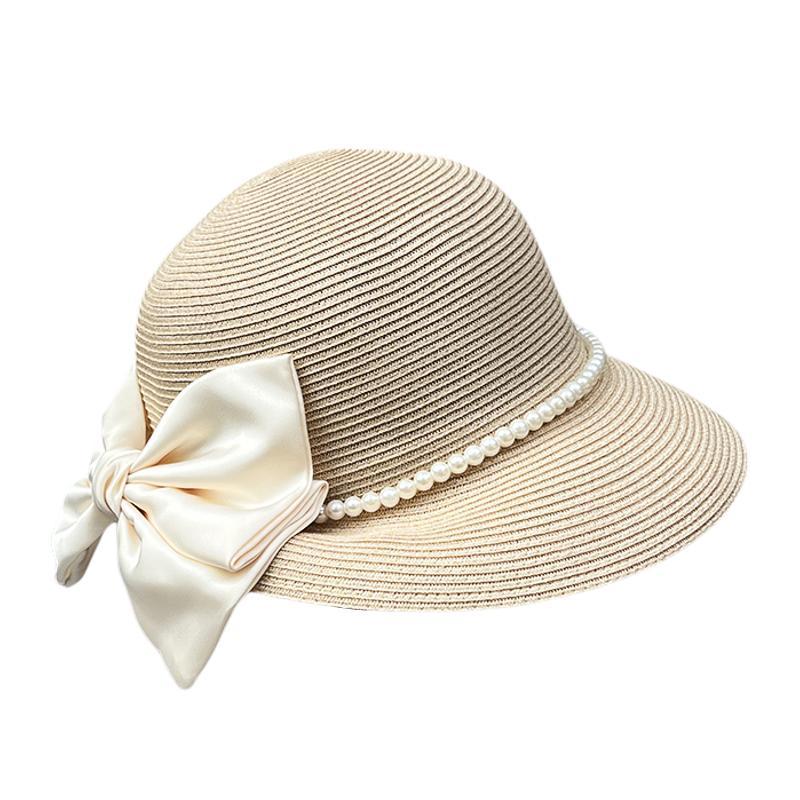 French Elegant Bow Pearl Straw Hat Women'S Beach Hat Big Brim Sun Hat Bucket Hat Top Hat