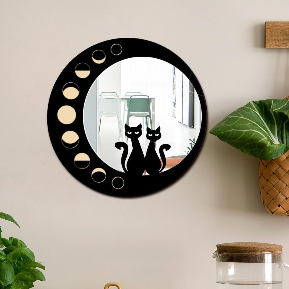 Cat Wood Mirror Wall Decor Art, Cute Cat Wooden Framed Acrylic Mirror Wall Stickers, Boho Black Cats Moon Phase Decorative Mirrors, Wooden Aesthetics