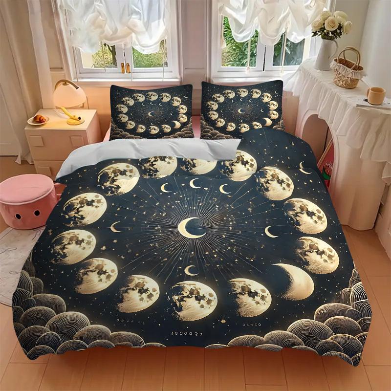 3pcs Bedding Set Moon Phases Includes 1 Comforter + 2 Pillowcases, Without Pillow Inserts, Soft Comfortable, Lightweight Breathable, Printed
