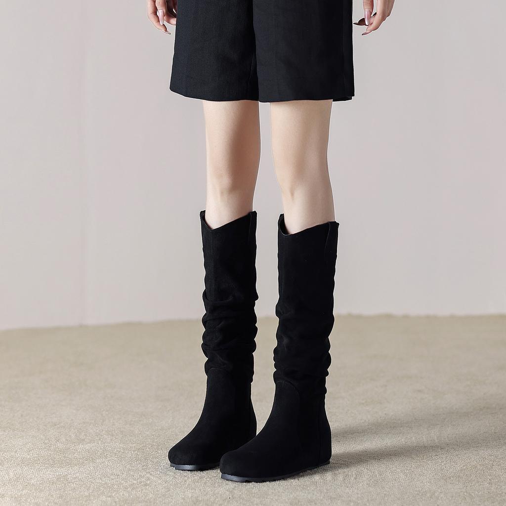 Sheepskin Version 9203-1 Small Round Head Pleated Boots Women's 2025 Autumn and Winter New Temperament Retro Stacking Boots