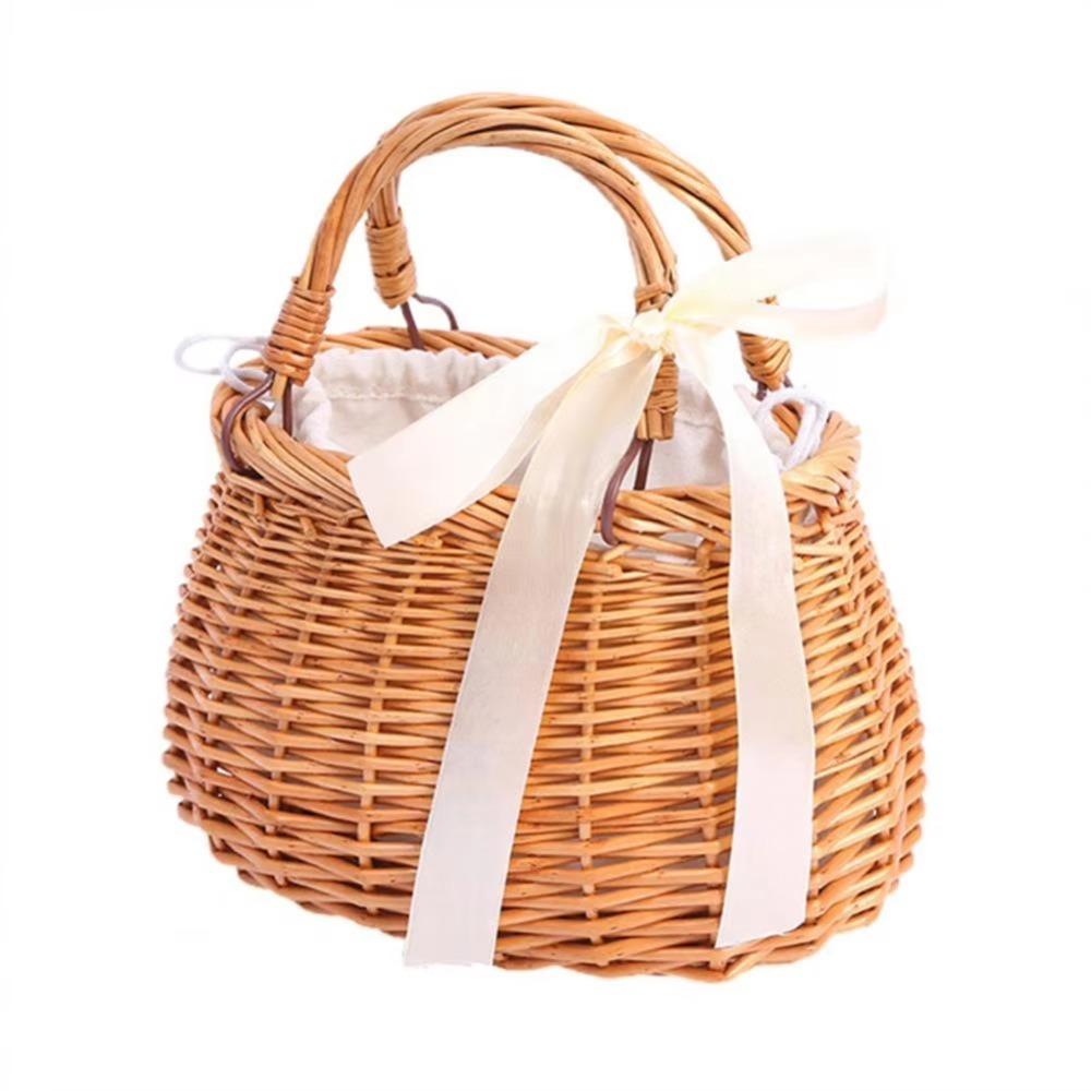 Trendy Concise Wicker Flower Basket Rattan Woven Handmade Picnic Basket Fabric Rattan Women Handbag