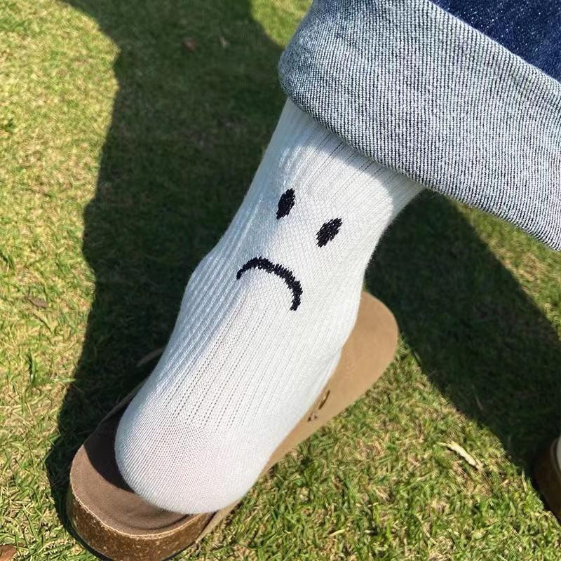 Tide Brand Crying Smiley Face Socks Funny Street Sports Solid Color Couple Socks Tide Socks Pure Cotton Medium Tube Socks