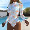 Women Long Sleeve One Piece Swimsuit Zip Front  Tie-dye Print Rash Guard Surfing Bathing Suit