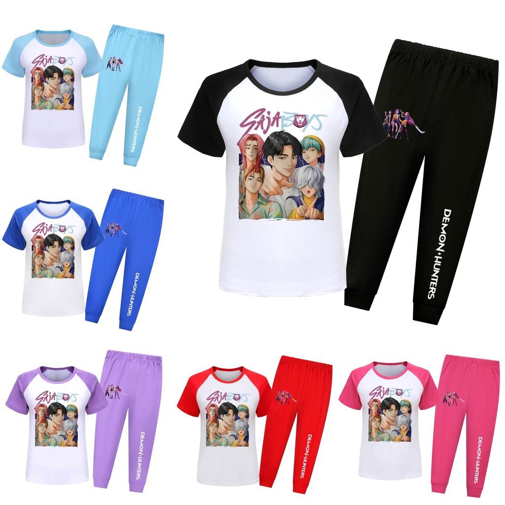 Hunters Kpop Demon Saja Boys Pattern Short Sleeved Shirt Long Pants Suit Pajama