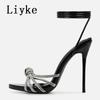 Fashion Liyke Elegant Party Sandals Female Rhinestones Narrow Band Open Toe Ankle Cross Lace Up High Heels Stiletto Wedding Shoes Women