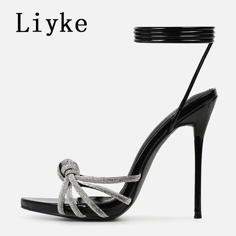Fashion Liyke Elegant Party Sandals Female Rhinestones Narrow Band Open Toe Ankle Cross Lace Up High Heels Stiletto Wedding Shoes Women