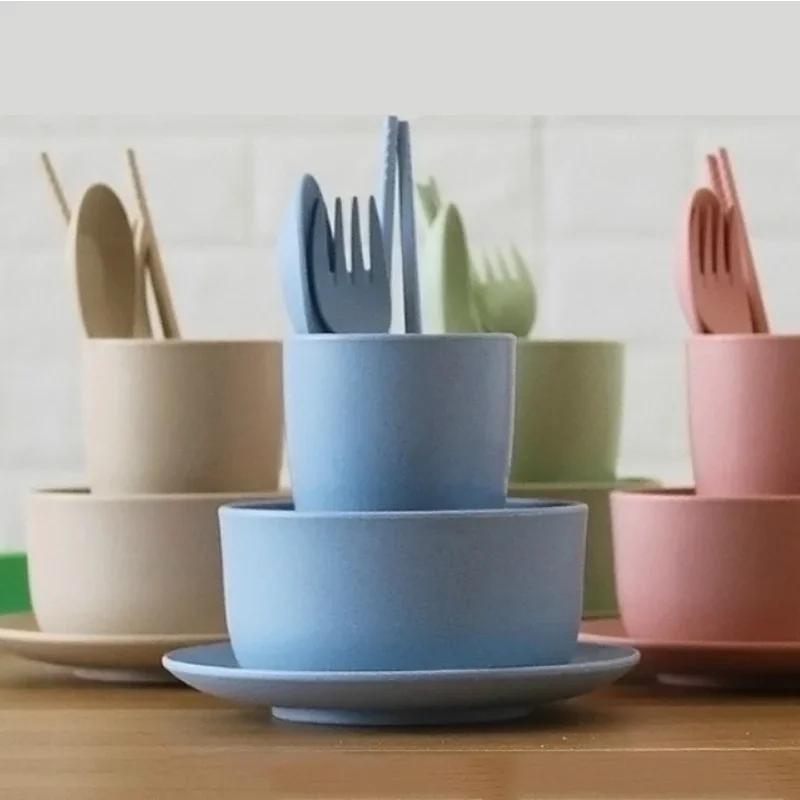 6 Stück/Set Weizenstroh Babygeschirr Kinder Essgeschirr Schüssel Fütterung Säugling Lernen Essbesteck Löffel Essstäbchen Gabel Tasse