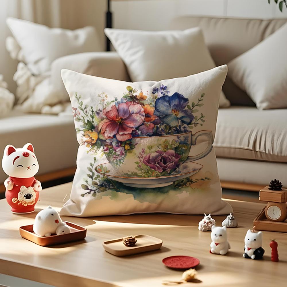 

Painting Cup Of Flowers Pillow Case Antidustmite Pillowcase Invisible Zipper Silky Short Plush Sofa Cushion Cover 30X30cm