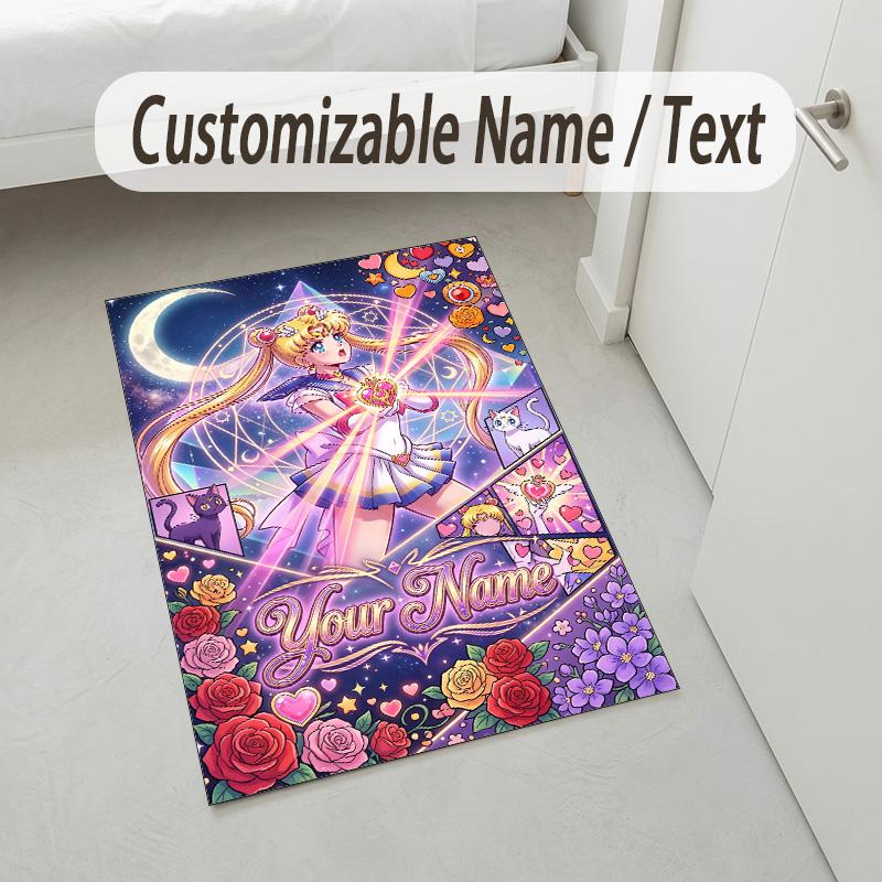 Personalized Crystal Velvet Carpet,Sailor Moon Custom Printed Name, Plush Area Rug For Home Indoor Decor