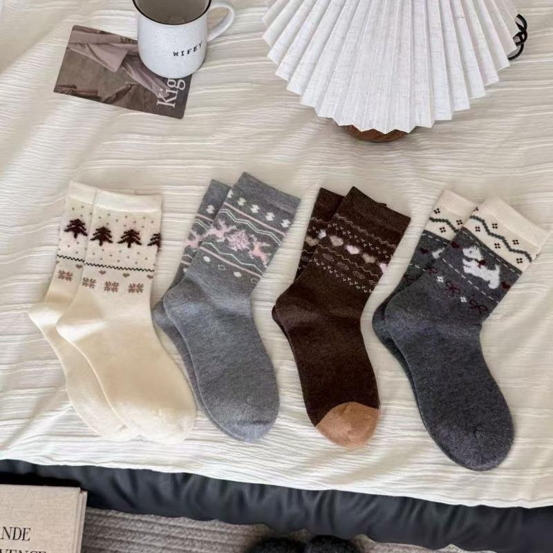 Retro Warm Fleece Socks for Women's Autumn and Winter Warmth, Thickened Mid-calf Socks, Cute Bow, Doggy Dui Dui Socks