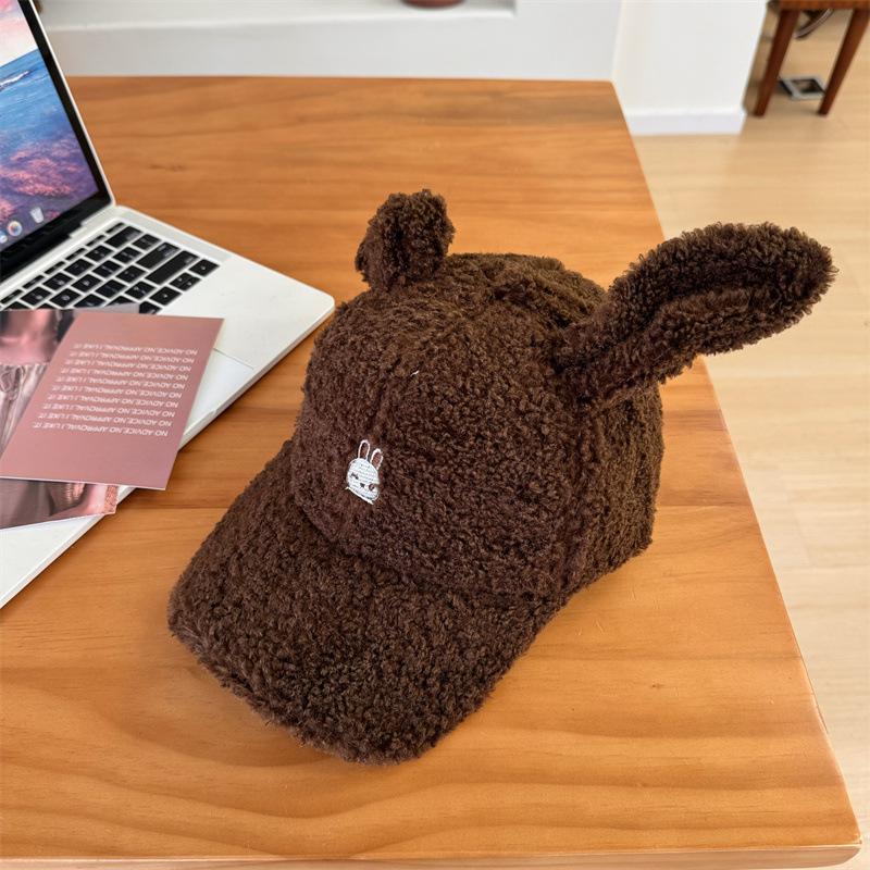 Cute Rabbit Ears Baseball Cap Women's Autumn and Winter Warm Lamb Wool Cap Showing Face Small Cartoon Plush Hat