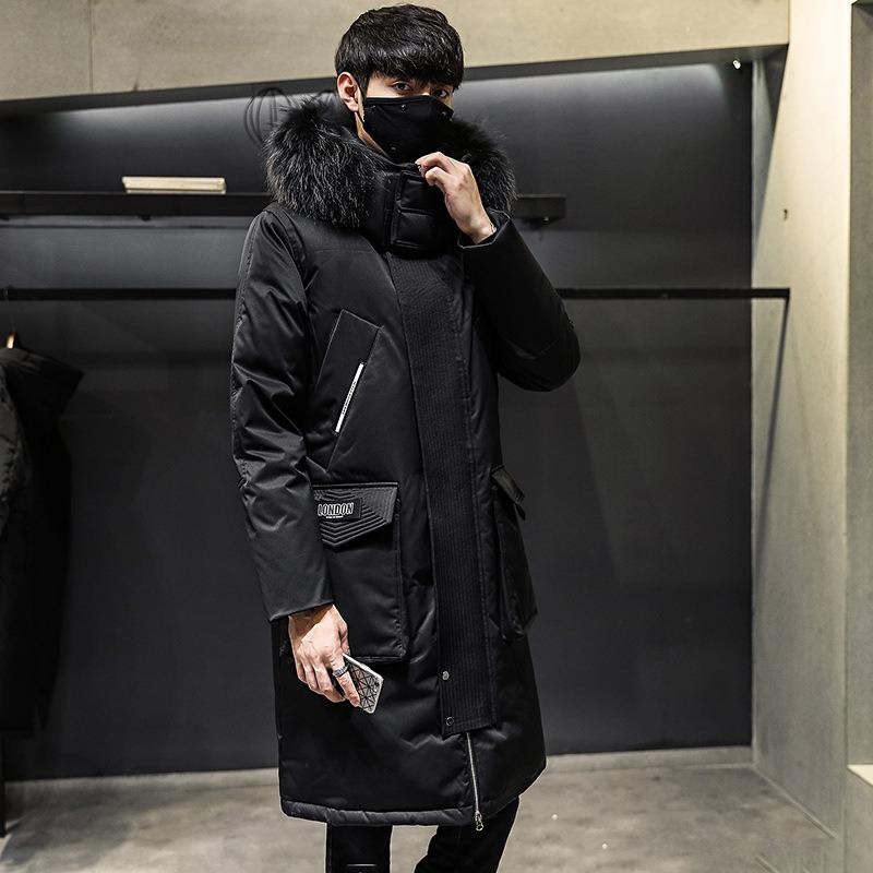 Long down jacket men's winter big fur collar tooling over the knee, down thickened warm and cold jacket