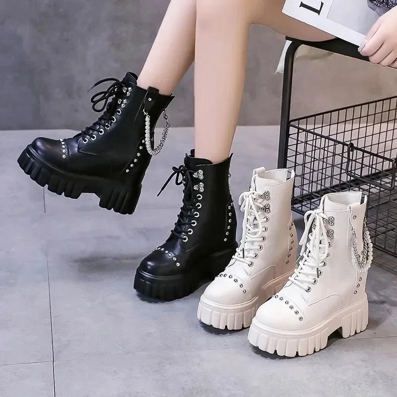 Fashion Women's High Platform Motorcycles Boots Winter 10CM Wedge Heels Mid-calf Boots Female Chunky Sneakers Autumn Leather Shoes Woman