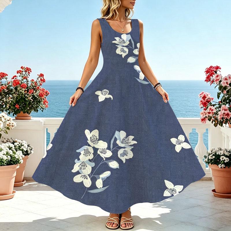 Minimalist Sleeveless Fresh Floral Cotton Loose-Fit Comfort Tank Maxi Dress for Beach Vacation & Daily Casual Wear