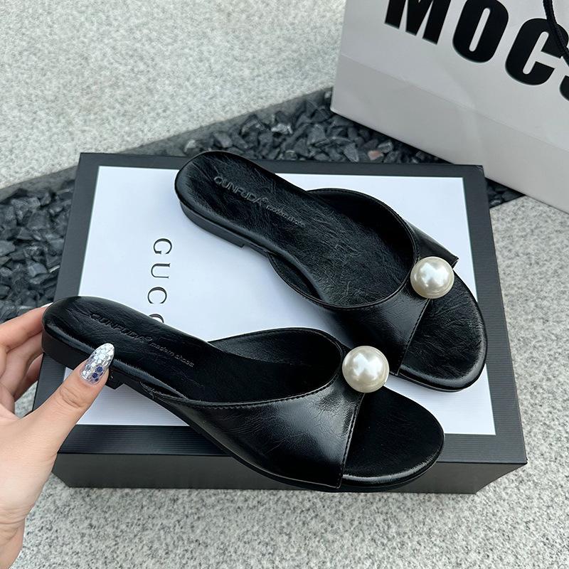 French satin pearl open-toe one-word high heels female 2025 spring and summer new fairy temperament thin heel cool slippers