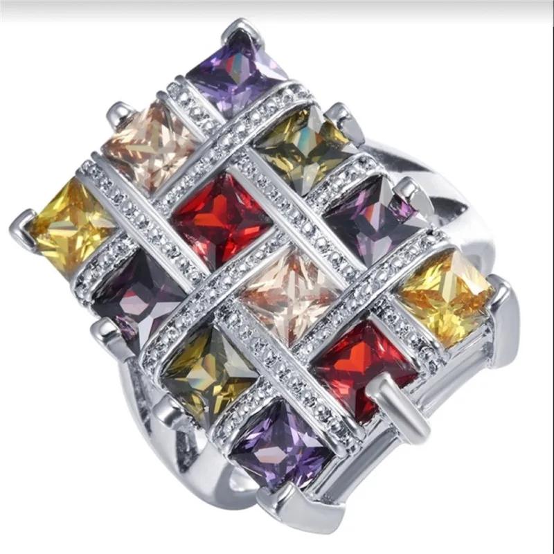 New Square Colour Crystal Big Rings For Women Zircon Ring Female Geometric Large Wedding Ring