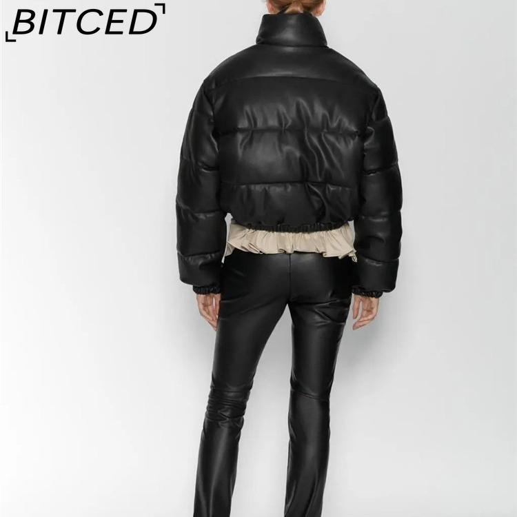 BITCED Fashion Casual Solid-Colour Minimalist Faux Leather Cotton Jacket for Women Winter Stand Collar Jacket