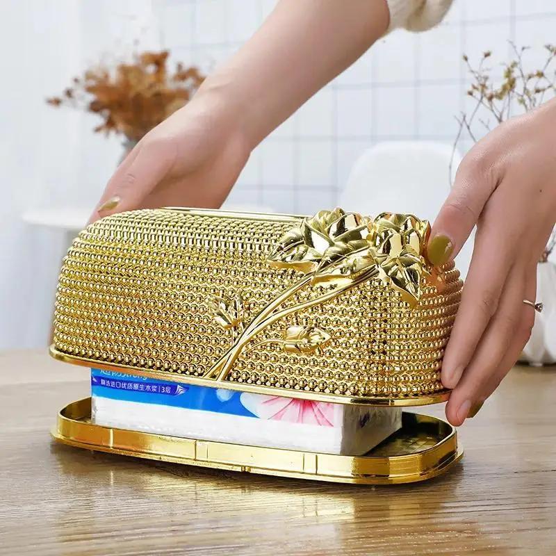 European Light Luxury Style Tissue Box Creative Relief Rose Hotel Bar Desktop Decoration Storage Box Household Paper Drawer Boxs