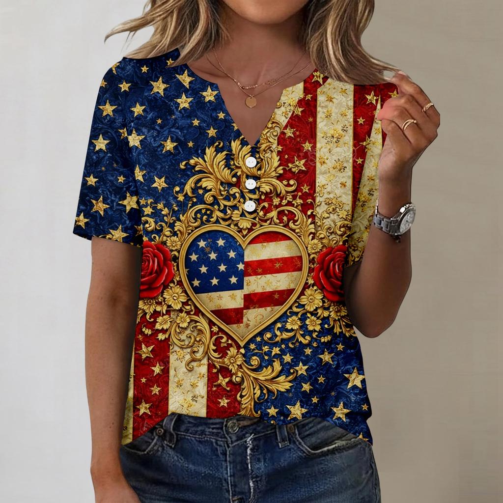 Women's fashionable casual short-sleeved Independence Day print V-neck top