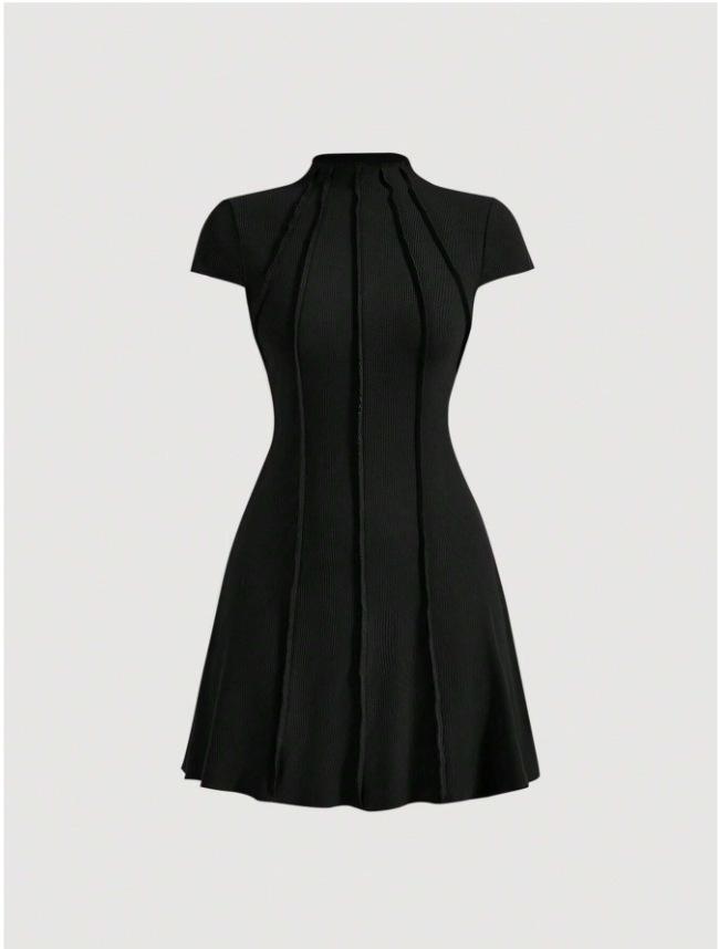 European and American Women's Clothing New Slim-fit Summer Short-sleeved A-shaped Skirt Pullover Round Neck Small Pit Strip Slim-fit Dress