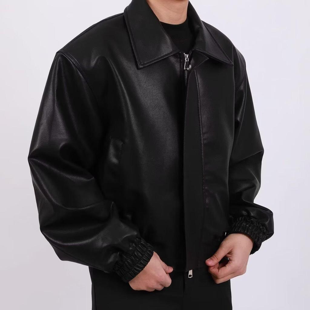 Men's American Retro Cleanfit Leather Jacket - Autumn/Winter Solid Color Loose Fit Cotton Trend