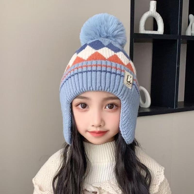 Winter Children's Warm Hats Autumn and Winter Boys and Girls Rhombus Windproof Ear Hats Baby Knitted Thickened Wool Hats