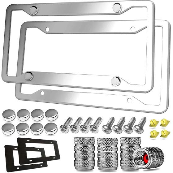 Stainless Steel License Plate Frames- 2 Pack Mirror Polished Car Plate Holder, With Screws, Chrome Caps, Heavy Duty Rustproof Metal Front Rear Car