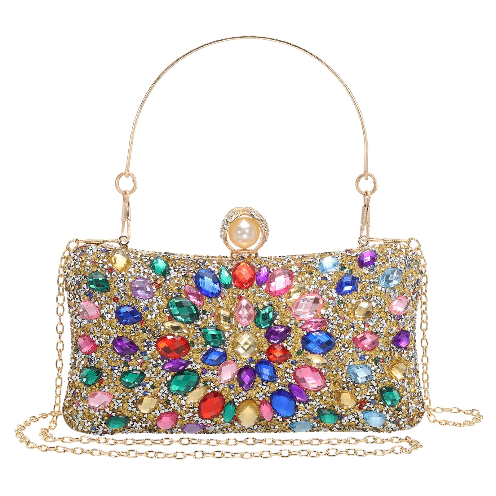

[uxcell] Women s Evening Bag, Sparkling Crystal Rhinestone Clutch Bag with Two Chain Straps, Perfect for Weddings, Evenings, and Weekends, Gold and