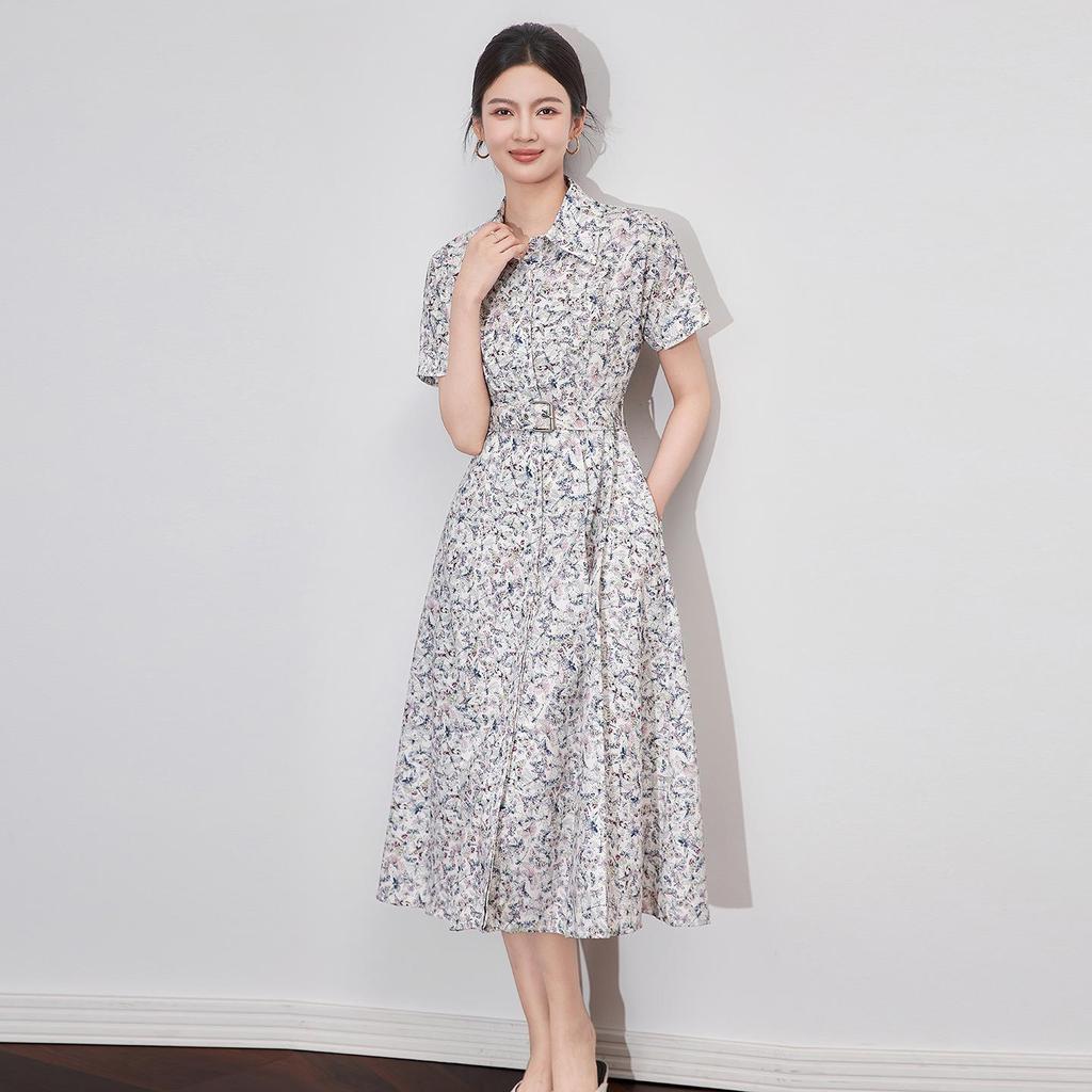 Elegant Women's French Butterfly Print Waist-Hugging Summer Dress