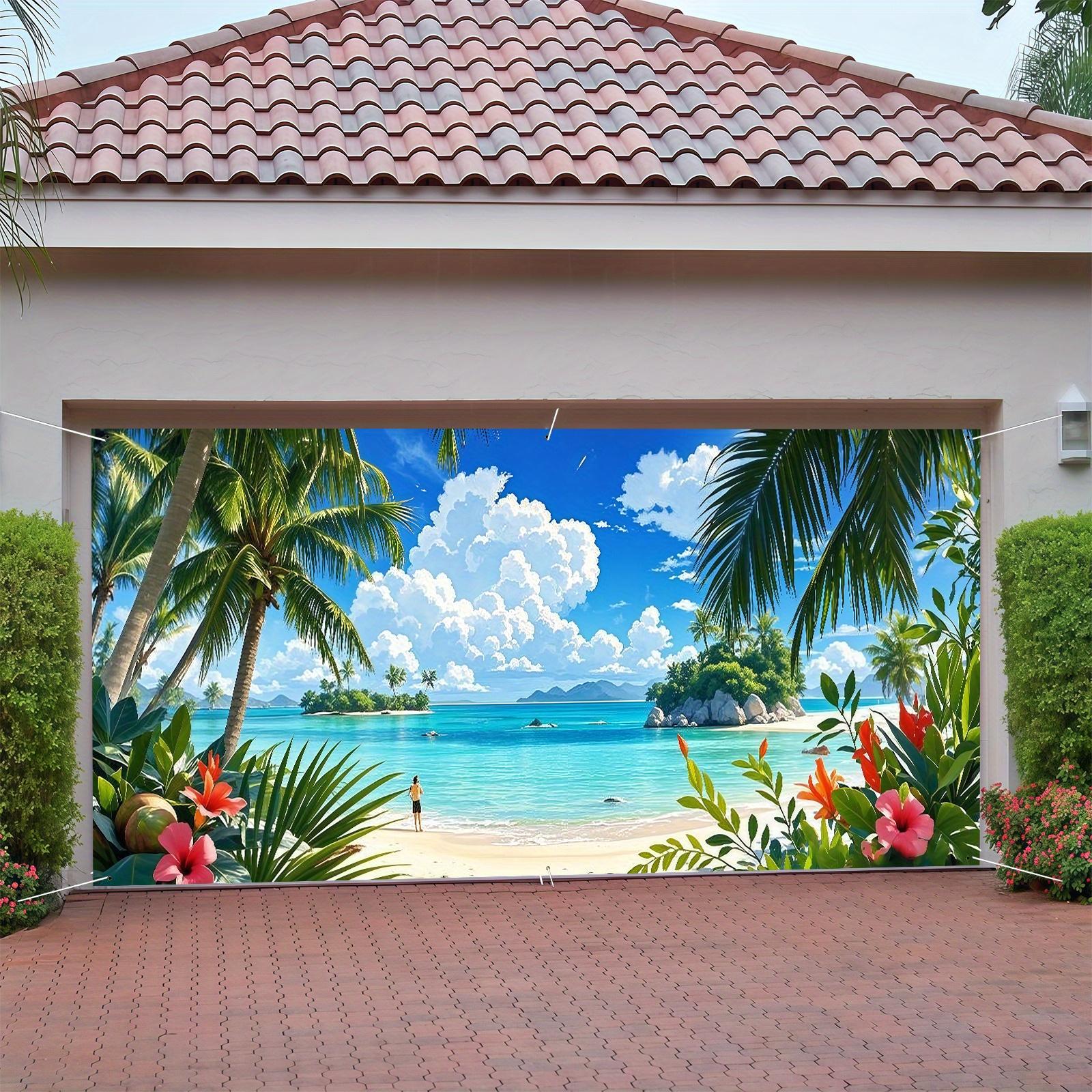 2D door banner, party banner, 1 piece, made of polyester, featuring designs of blue sky, sea, palm trees and flowers 100x150cm