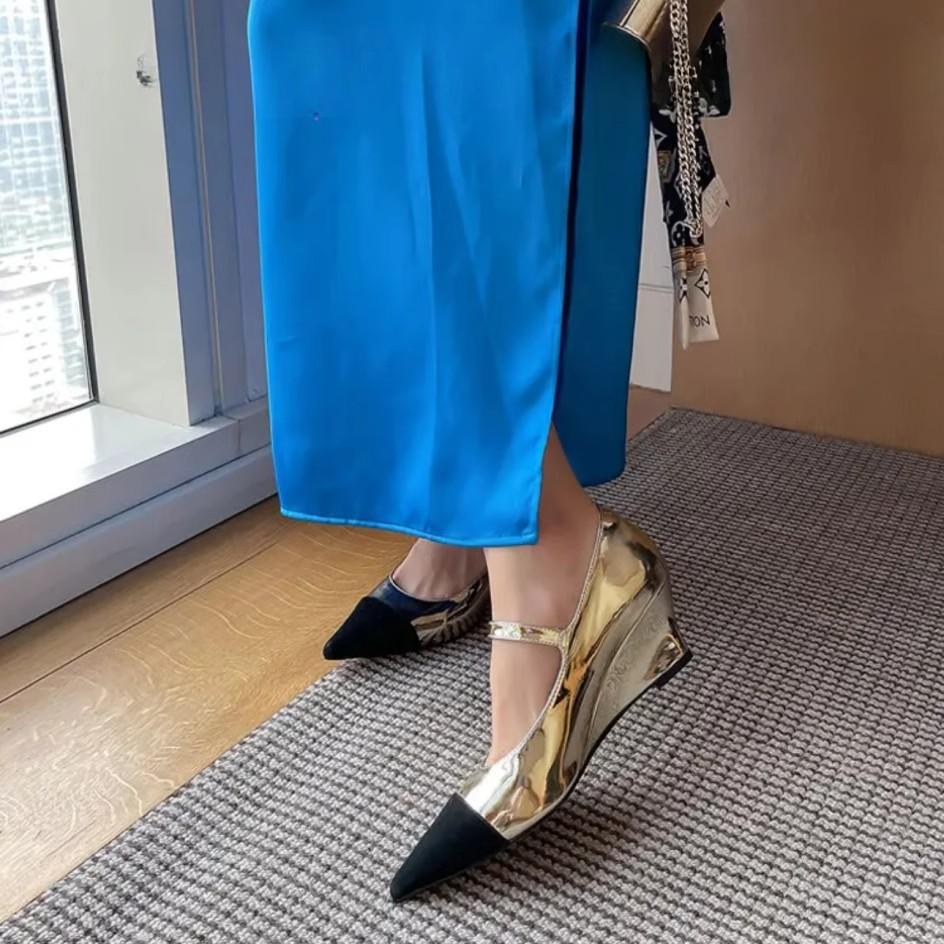 2025 Spring New Temperament Wedge Heel Color Matching Pointed Head Light Mouth Mary Jane Women's Shoes One Word Buckle Belt High Heel Single Shoes Wom
