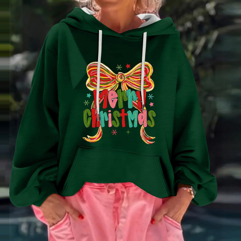 Women's Christmas Print Loose Casual Long Sleeve Hooded Sweatshirt
