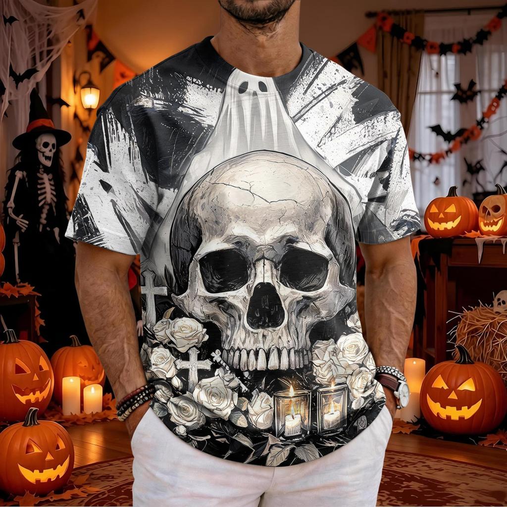 Men's Halloween Printed Short Sleeve Neck T-Shirt for Casual Daily Wear Holiday Party