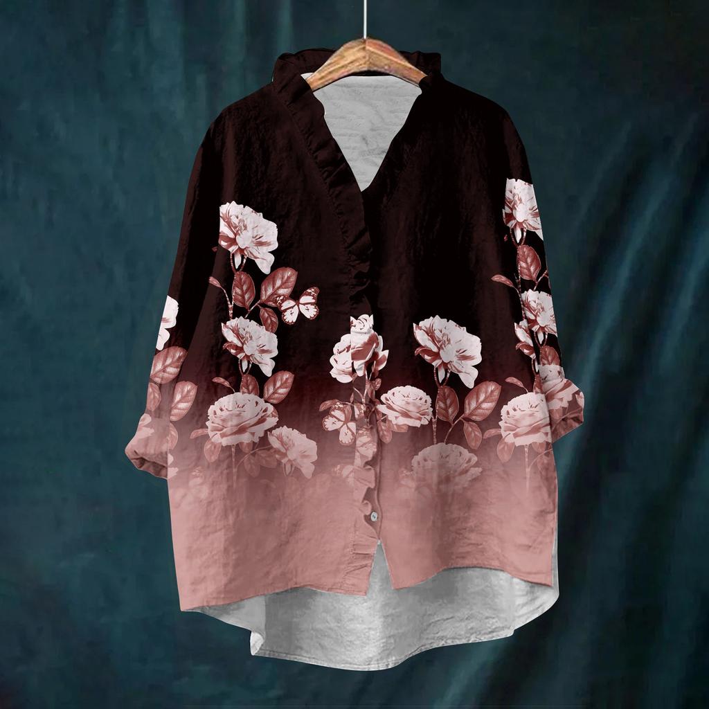 Dame Løs Volangert Blomstert Trykk Ståkrage Langermet Bomull og Lin Topp