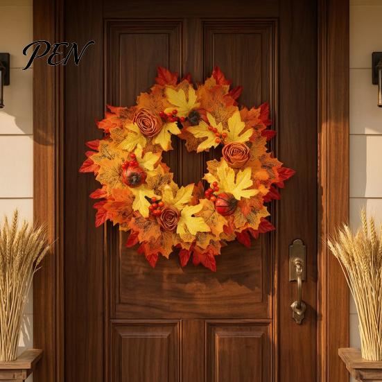 Holiday Party Supplies Fall Sunflower Maple Leaf Wreath with Pumpkin Pinecone, Thanksgiving Harvest Artificial Faux Garland Wreath, Indoor Outdoor