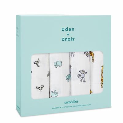 Aden + Anais Jungle Jam Swaddles, Set of 4, 120x120cm, Muslin Cotton Swaddles for Newborns, Perfect for Nighttime Crying, Baby Gift, SWADAB2026