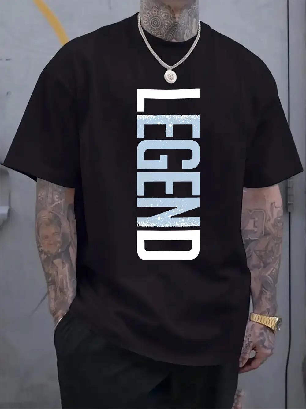 

Casual LEGEND Print Crew Neck Short Sleeve T-shirt - Black with Blue Lettering XXXXL