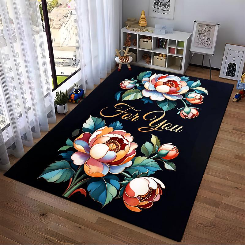 Elegant Floral Carpet with "For You" Text and Vibrant Peony Design Suitable for Use As an Anti-slip for Living Room Bedroom Sofas