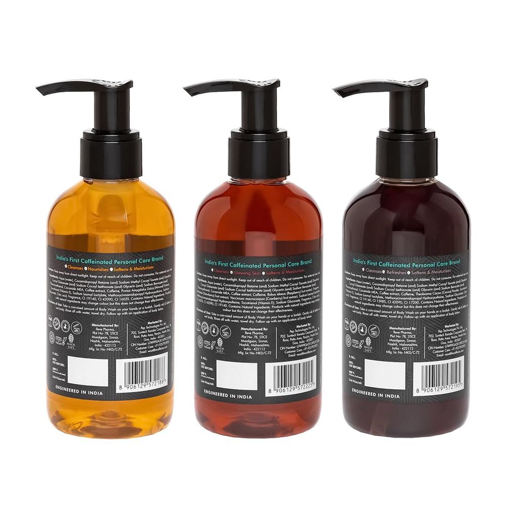 mCaffeine Coffee Body Wash Trio for Men & Women | 3 X 200ml Shower Gels | Deep Cleansing, Tan Removal, Energizing (Berry,Almond, Cocoa)