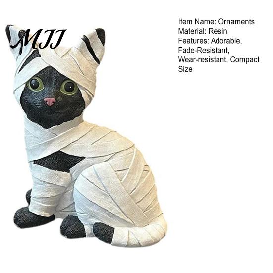 Small Spooky Decoration Mummy Black Cat Resin Figurine, Halloween Kitten Statue with Big Eyes & Wrapped Bandages, Festive Figurine Cute Desk